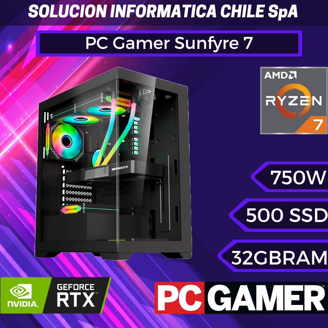 PC Gamer Sunfyre 7: AMD Ryzen 7 5700G, SSD M.2 500GB, RAM 32GB, RTX 3060 12G, Refrigeración 240