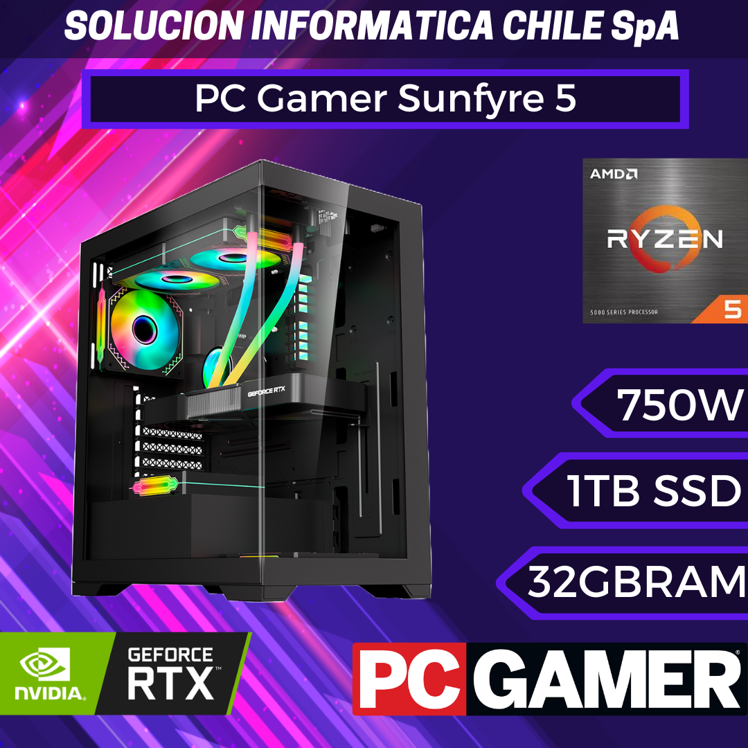 PC Gamer Sunfyre 5, AMD Ryzen 5 5600GT, SSD M.2 NVMe 1TB, RAM 32GB, RTX 3060 12G, Refrigeración 240