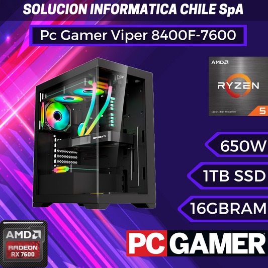 Pc Gamer Viper: Ryzen 5 8400F, SSD M.2 NVMe de 1TB, RAM 16GB, RX7600 8GB, Wifi