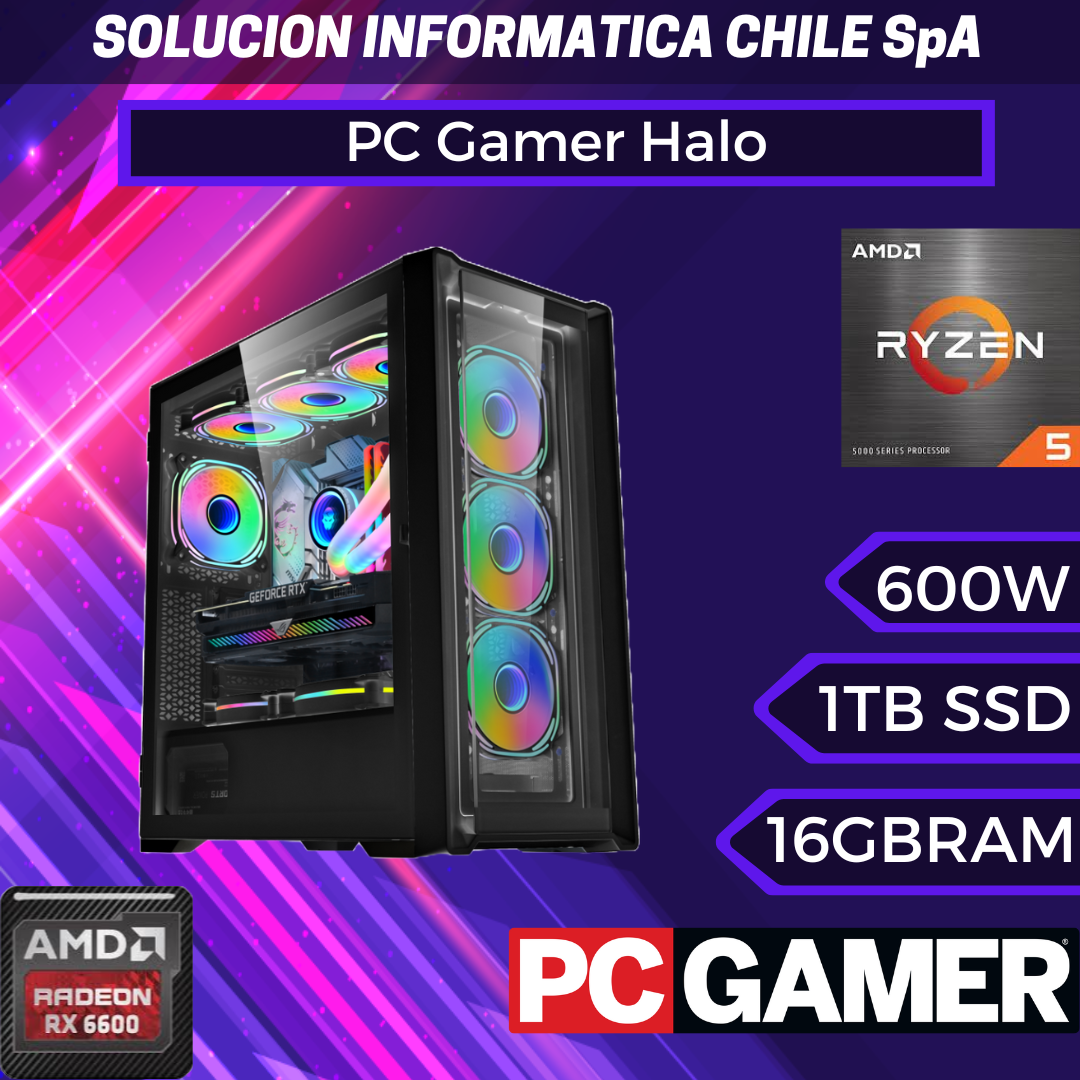 PC Gamer Halo: Ryzen 5600, SSD M.2 de 1TB, RAM 16GB, RX 6600, Wifi