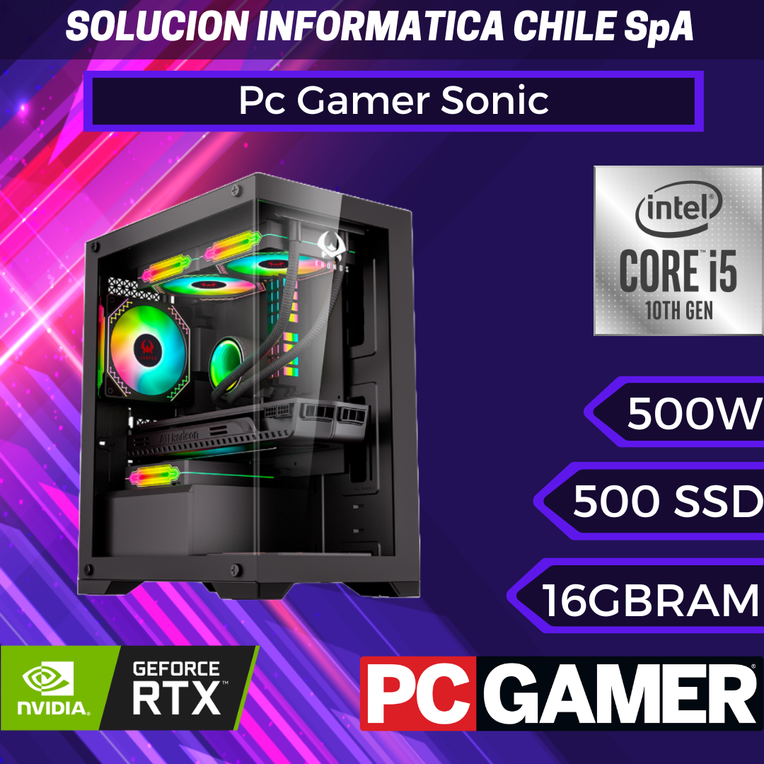 Pc Gamer Sonic: Intel Core i5-10400F, RTX 3050 8GB, SSD m.2 de 500GB, RAM 16 GB, Wifi