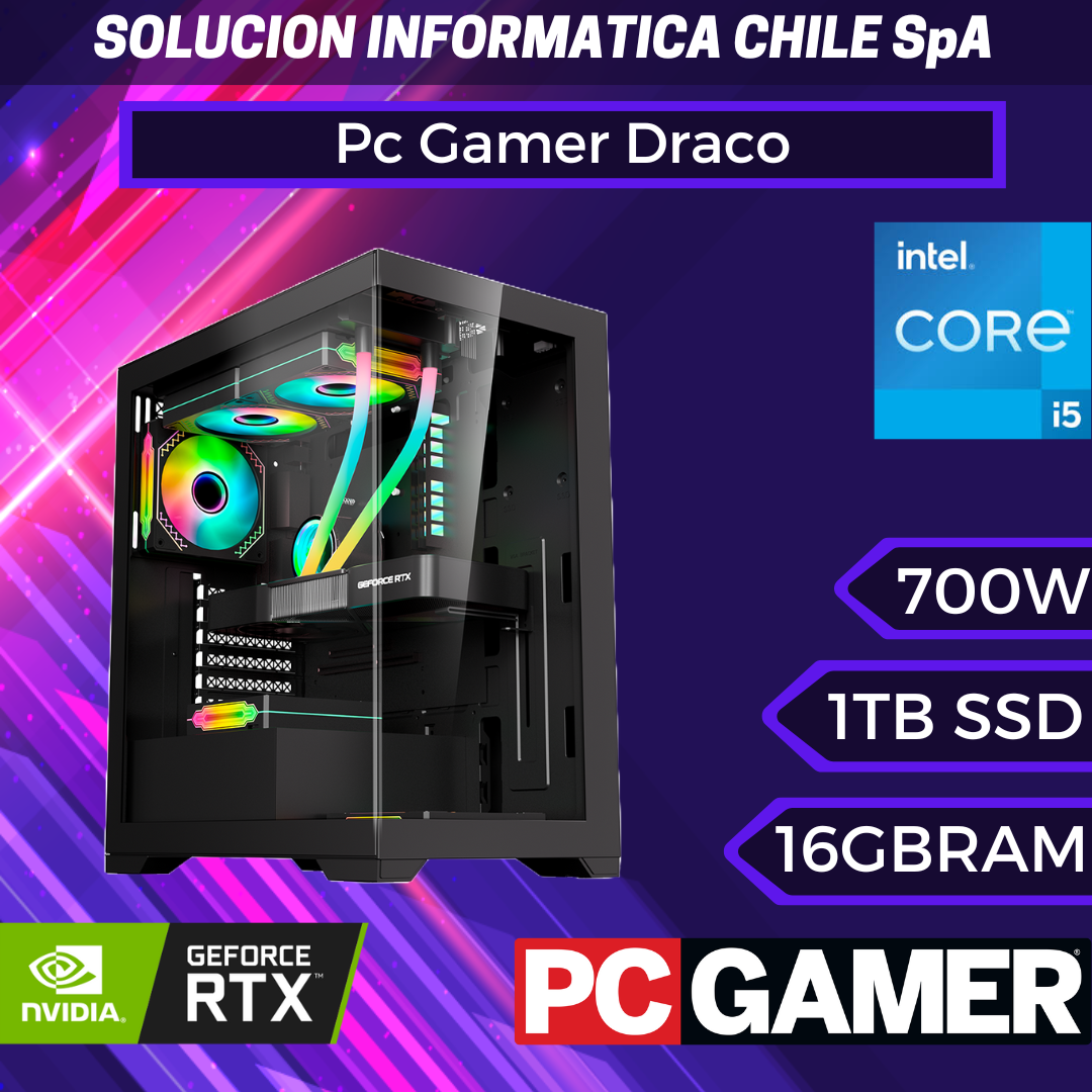 Pc Gamer Draco: Intel Core i5 12400F, SSD M.2 1TB, RAM 16GB, RTX 4060, Wifi